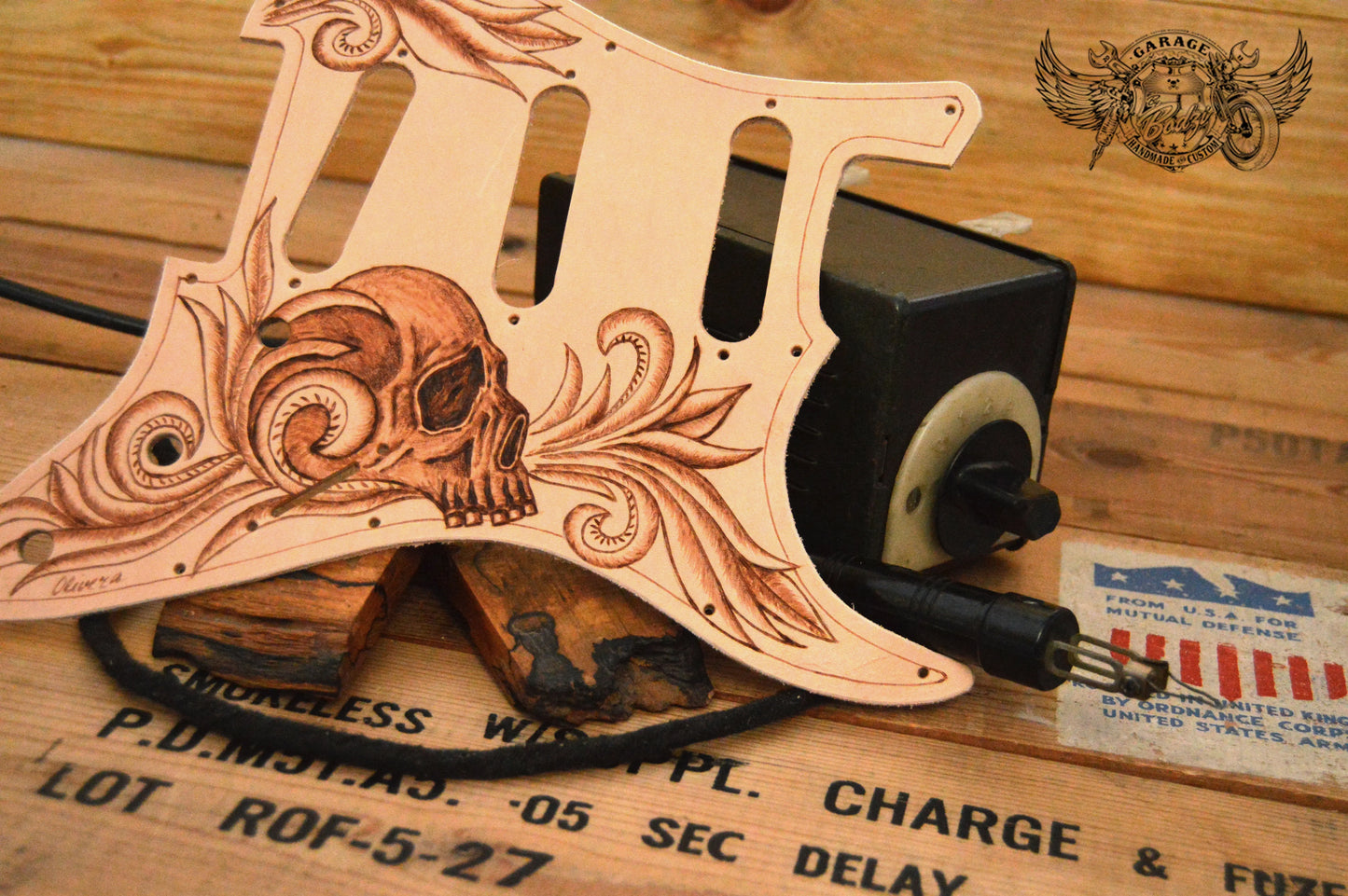 Floral Skull Pyrography Done Leather Stratocaster Pickguard-ByBodzi-ByBodzi
