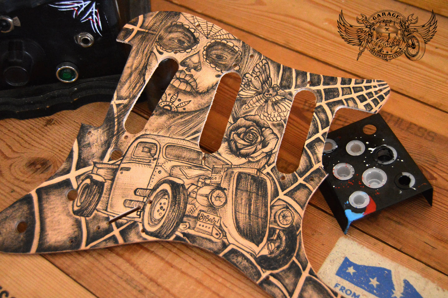 Hot Rod Tattooed Leather Stratocaster Pickguard-ByBodzi-ByBodzi
