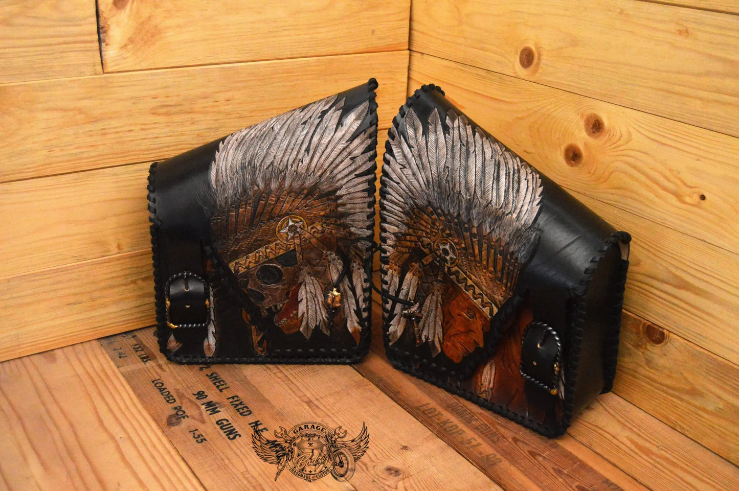 Indian Chief Carved Leather Motorcycle Saddlebags-ByBodzi-ByBodzi