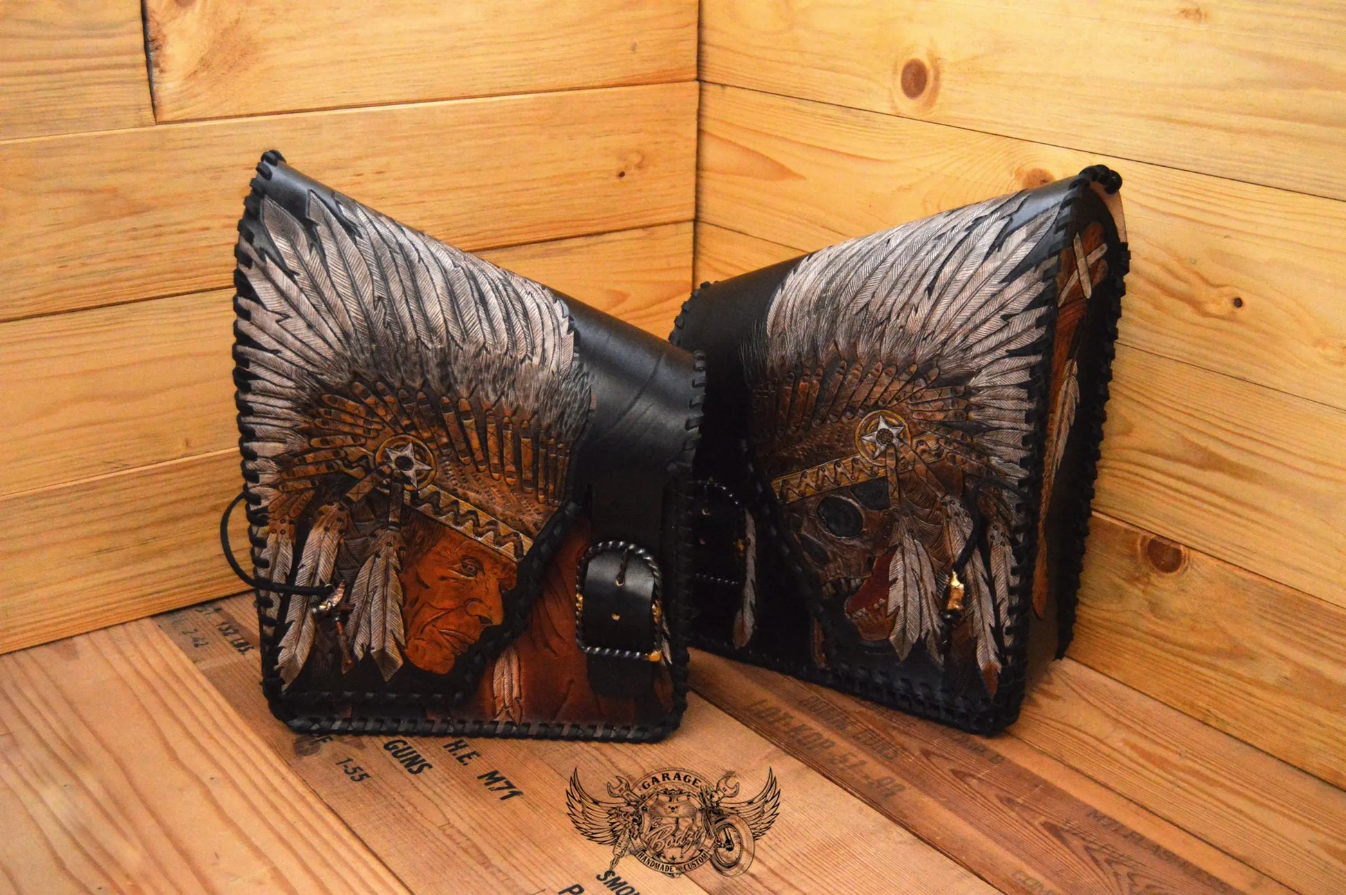 Indian Chief Carved Leather Motorcycle Saddlebags-ByBodzi-ByBodzi