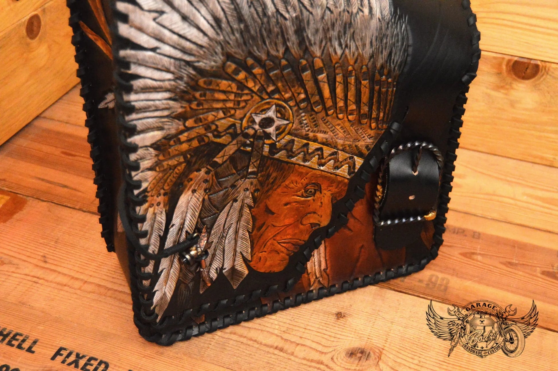 Indian Chief Carved Leather Motorcycle Saddlebags-ByBodzi-ByBodzi