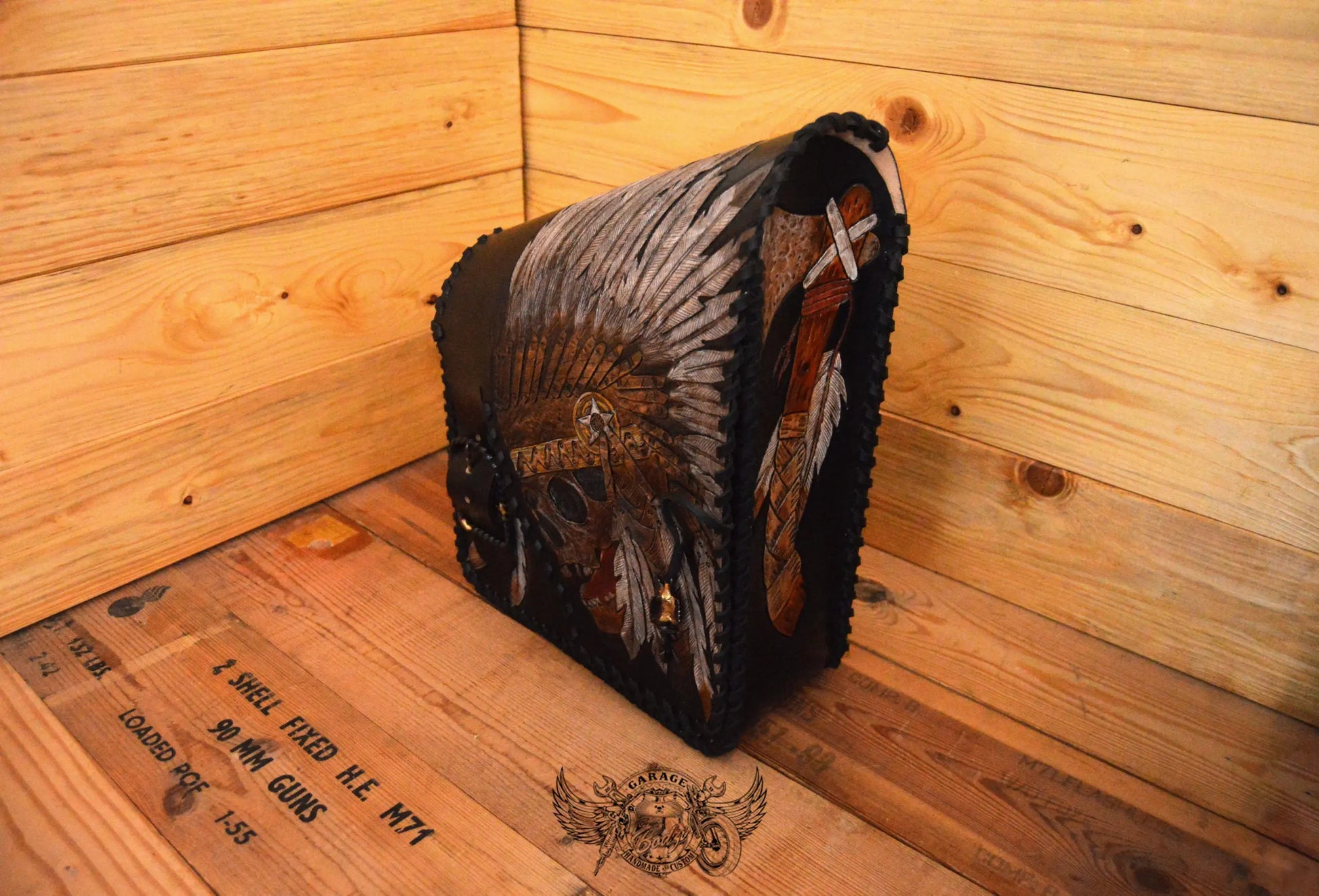 Indian Chief Carved Leather Motorcycle Saddlebags-ByBodzi-ByBodzi