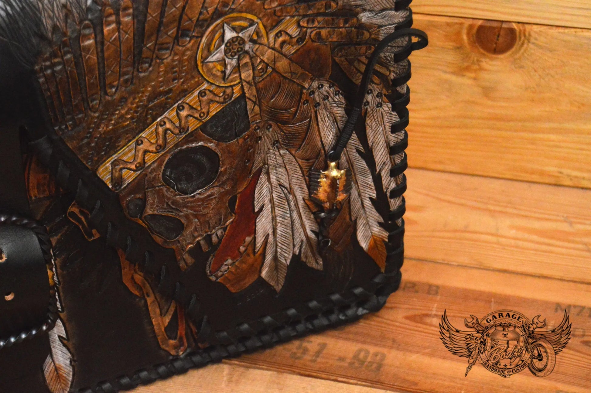 Indian Chief Carved Leather Motorcycle Saddlebags-ByBodzi-ByBodzi