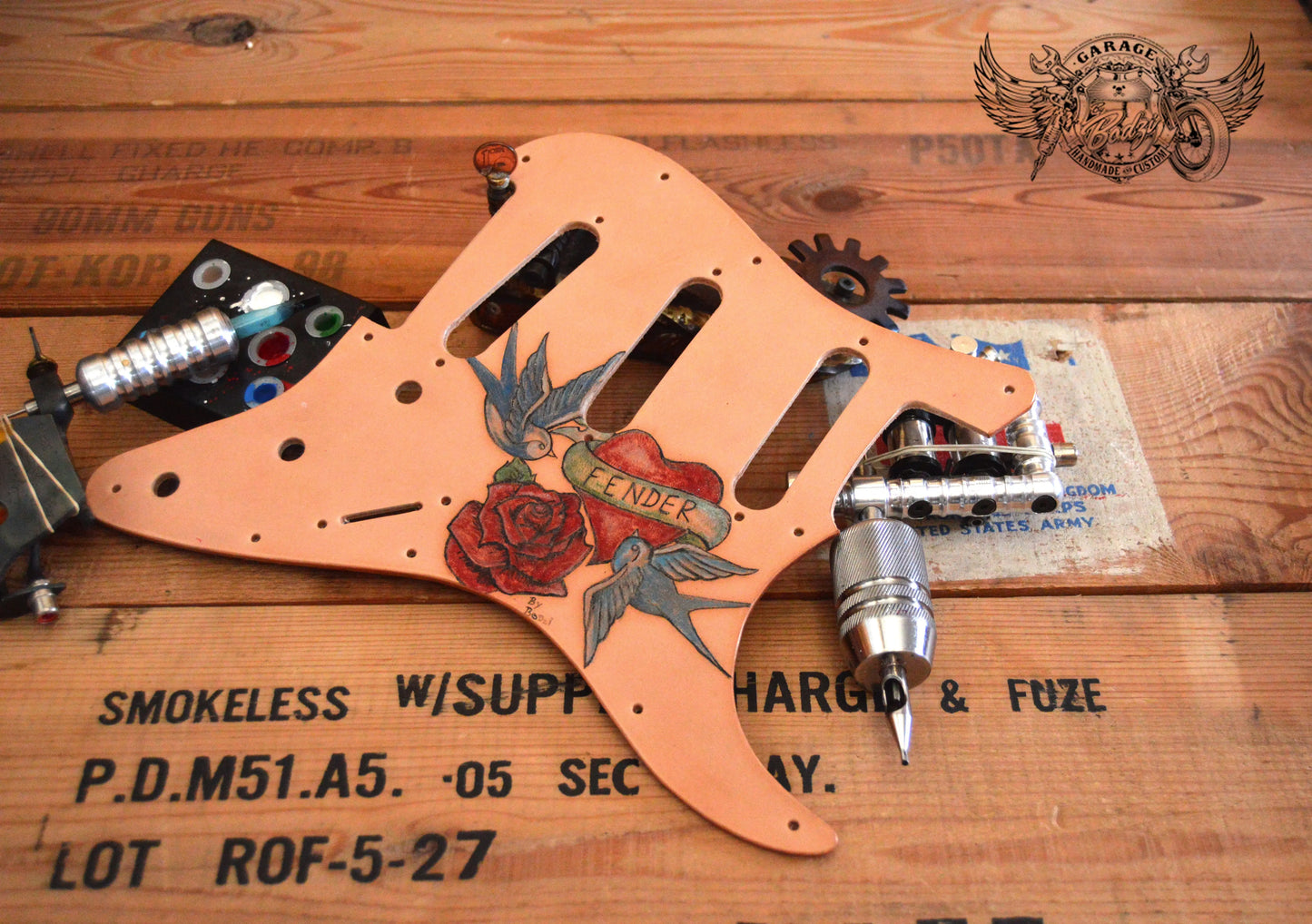 Old School Swallows Tattooed Leather Stratocaster Pickguard-ByBodzi-ByBodzi