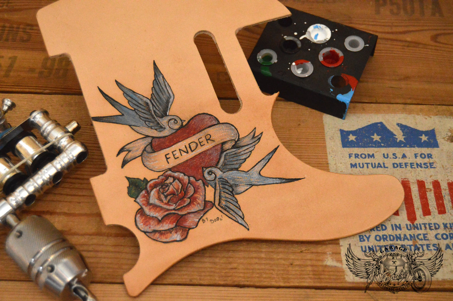 Old School Swallows Tattooed Leather Telecaster Pickguard-ByBodzi-ByBodzi