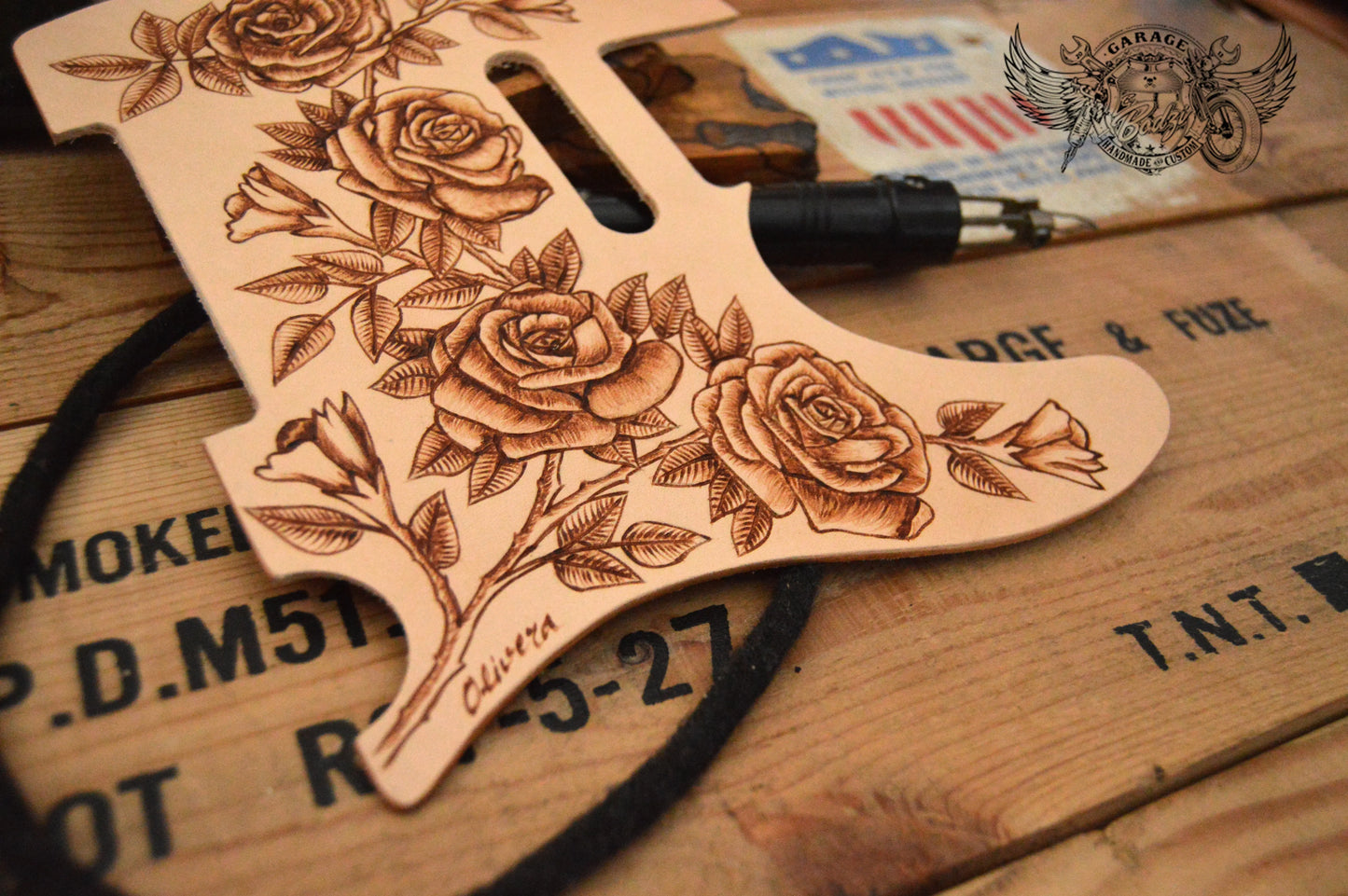 Pyrography Done Rose Leather Telecaster Pickguard-ByBodzi-ByBodzi