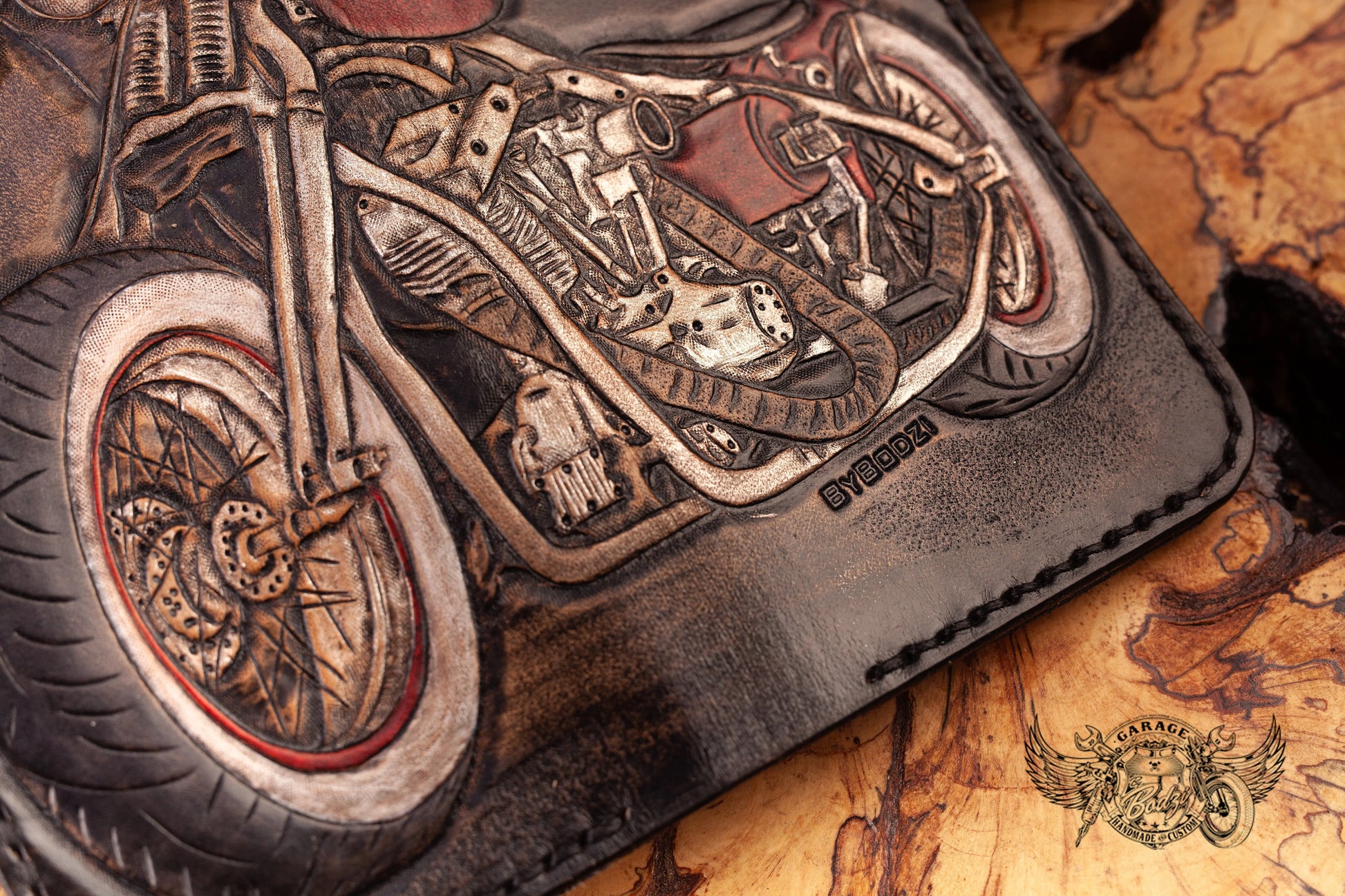 Red Custom Motorcycle Leather Long Leather Wallet v1.0-ByBodzi-ByBodzi