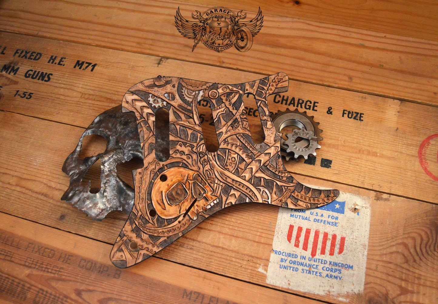 Skull With Biomechanics Leather Stratocaster Pickguard - ByBodzi