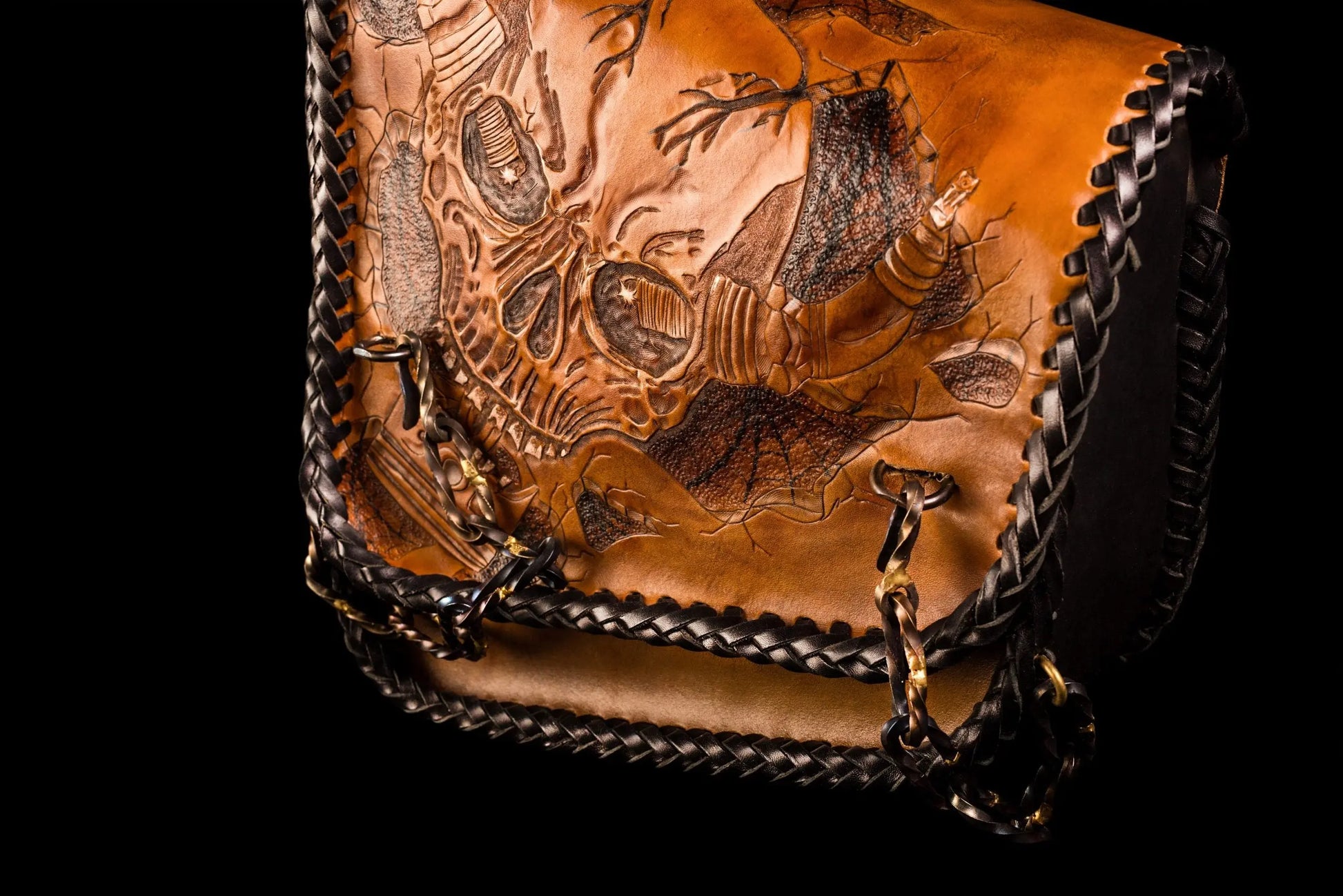 Skull & Piston Carved Leather Swingarm Bag-ByBodzi-ByBodzi