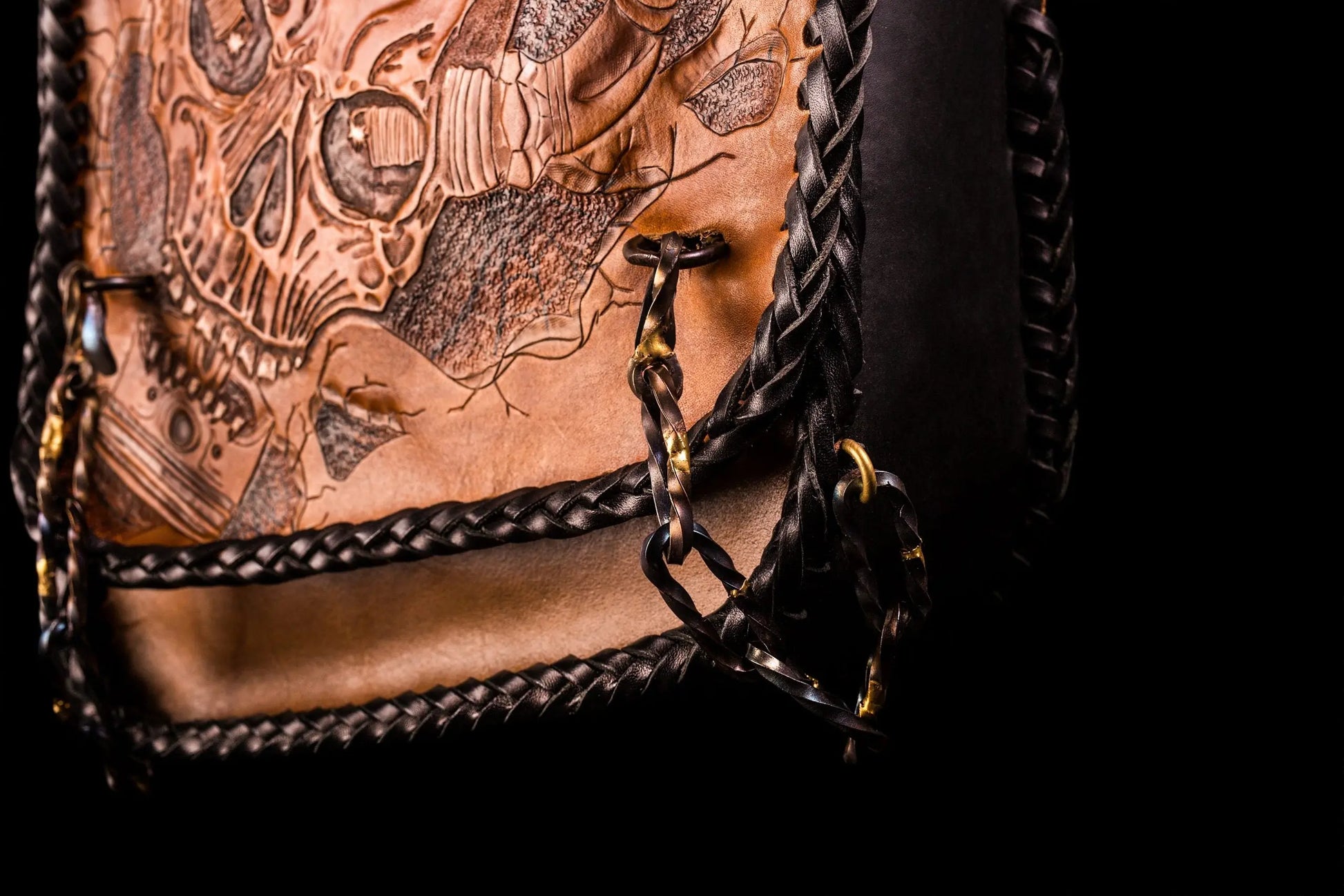 Skull & Piston Carved Leather Swingarm Bag-ByBodzi-ByBodzi