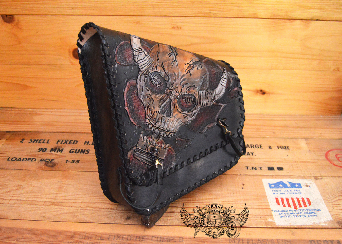 Skull & Piston Carved Leather Swingarm Bag v2.0