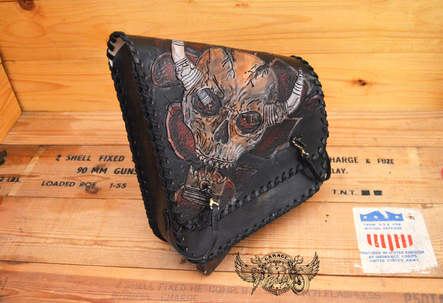 Skull & Piston Carved Leather Swingarm Bag v2.0