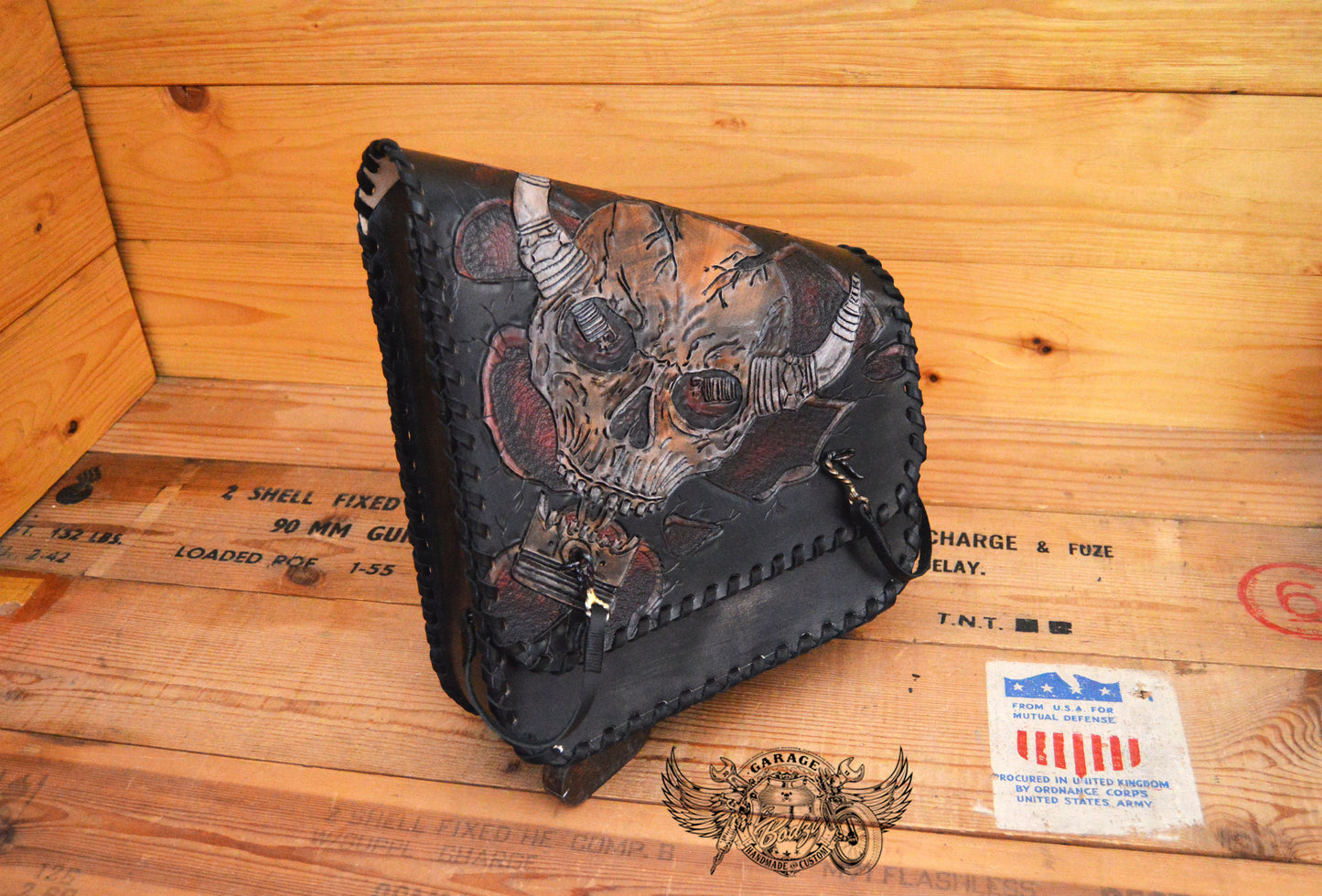 Skull & Piston Carved Leather Swingarm Bag v2.0