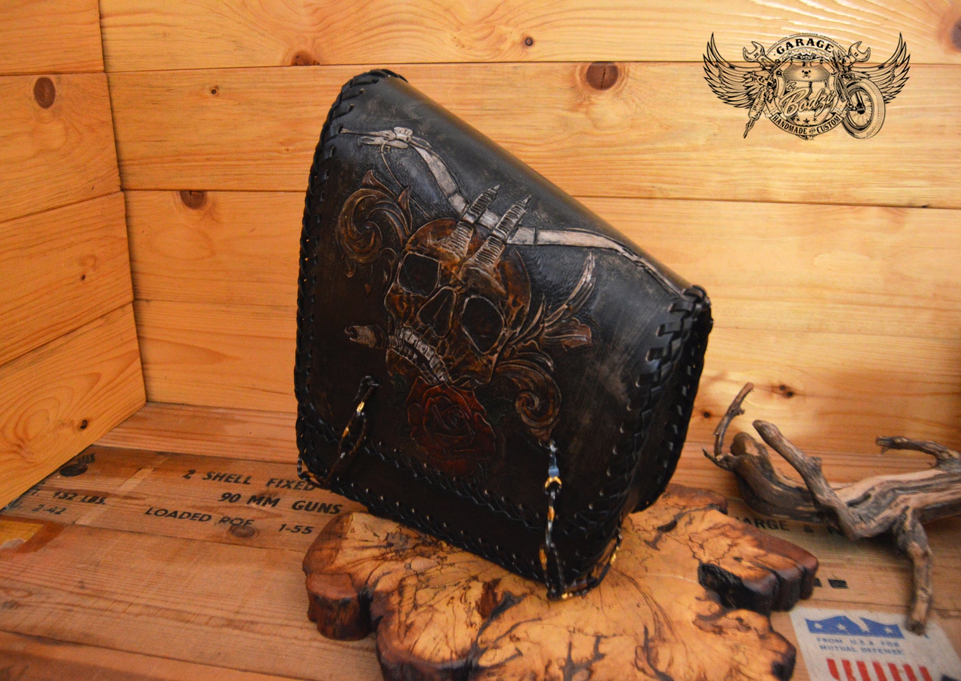 Skull & Rose Carved Leather Swingarm Bag