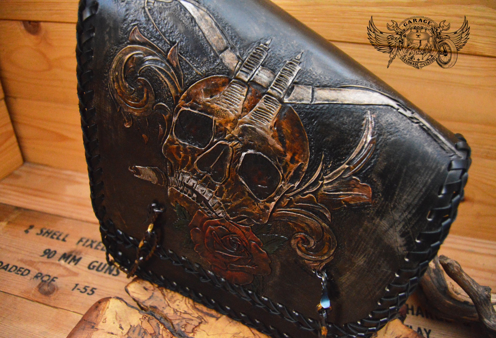 Skull & Rose Carved Leather Swingarm Bag