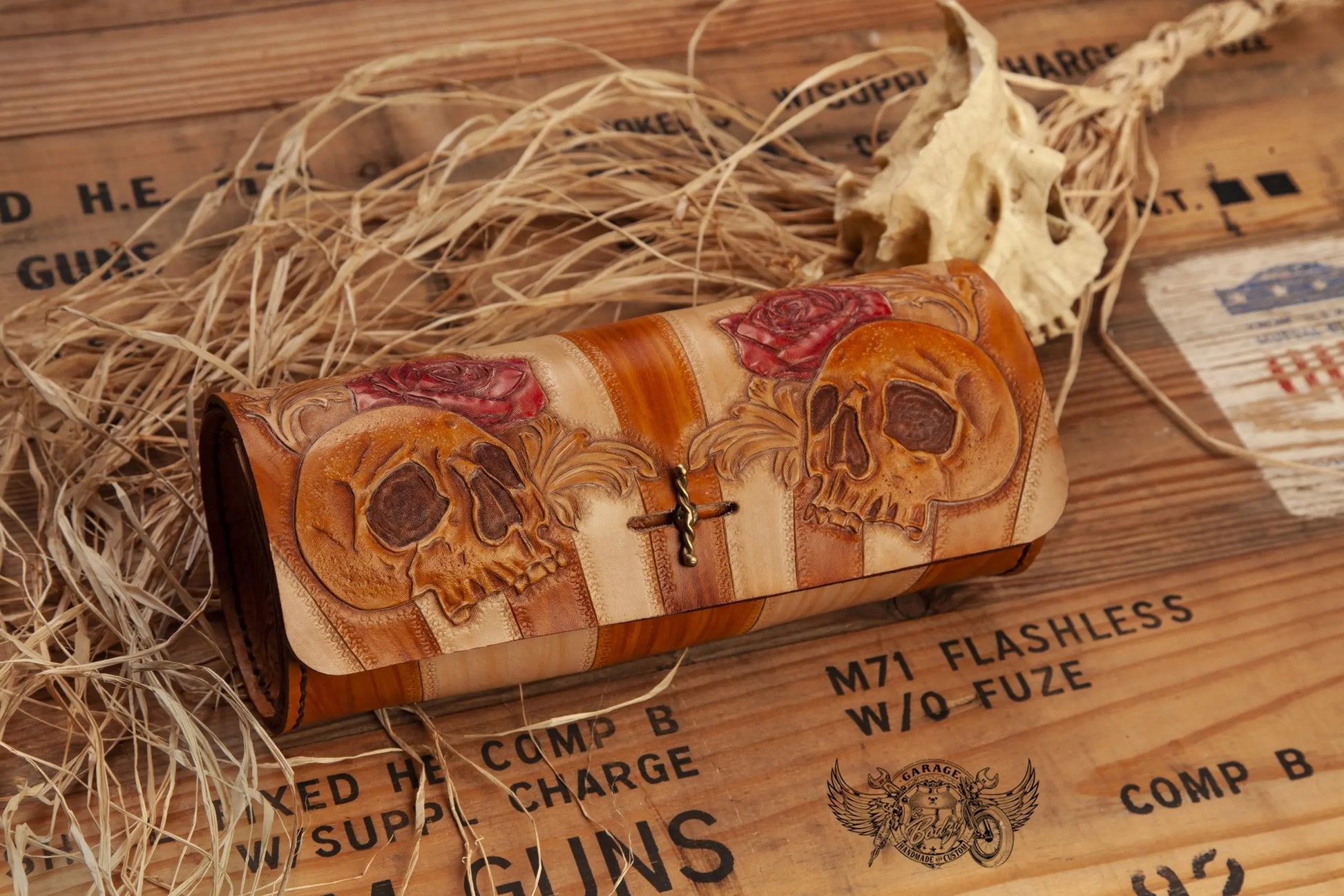 Skulls & Red Roses Leather Motorcycle Tool Bag-ByBodzi-ByBodzi