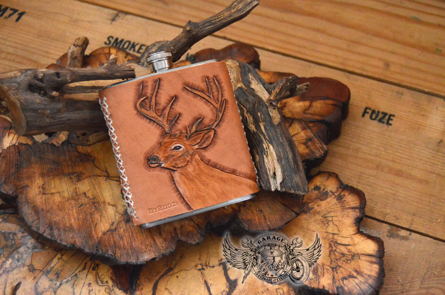 Stag Leather Bound Flask-ByBodzi-ByBodzi