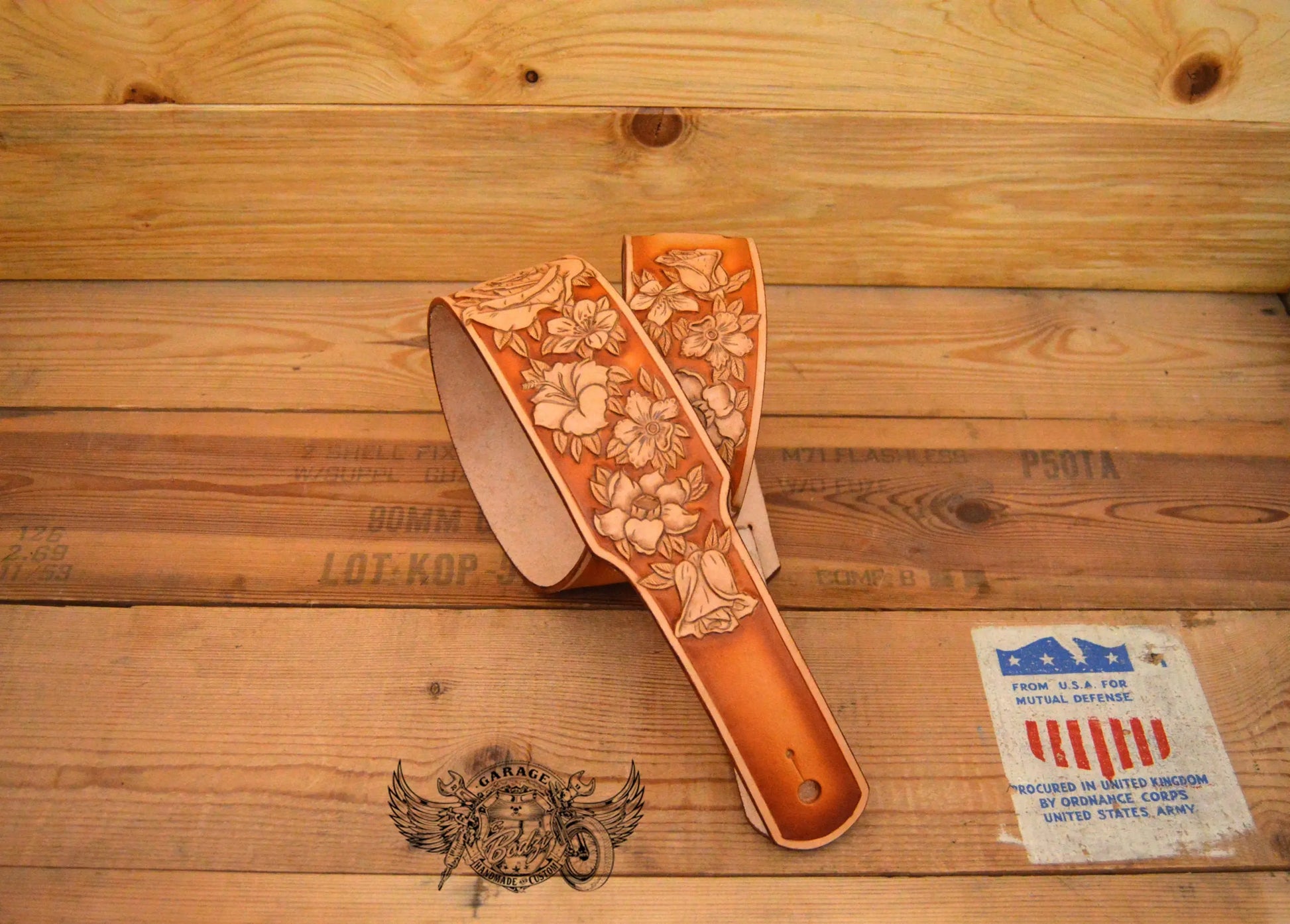 Tan Roses Leather Guitar Strap-ByBodzi-ByBodzi