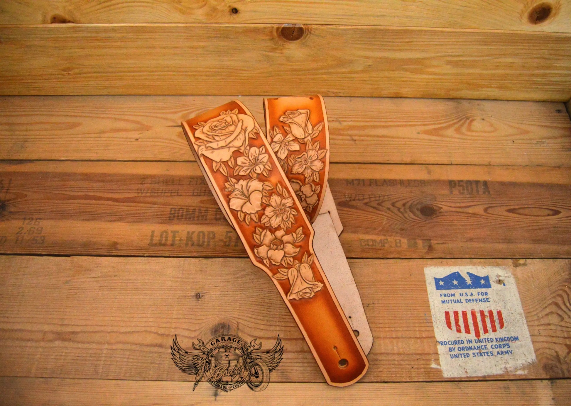 Tan Roses Leather Guitar Strap-ByBodzi-ByBodzi