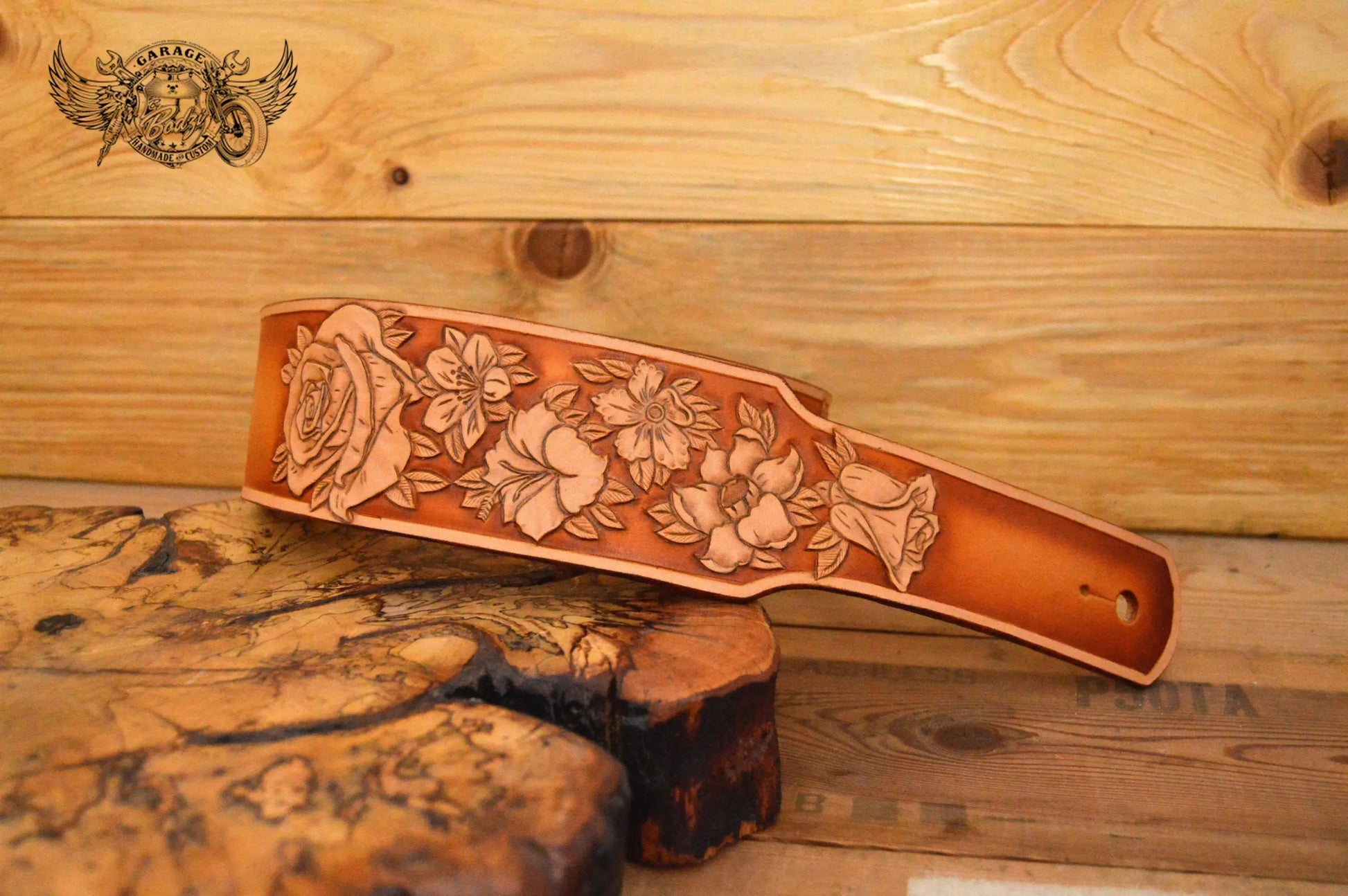Tan Roses Leather Guitar Strap-ByBodzi-ByBodzi