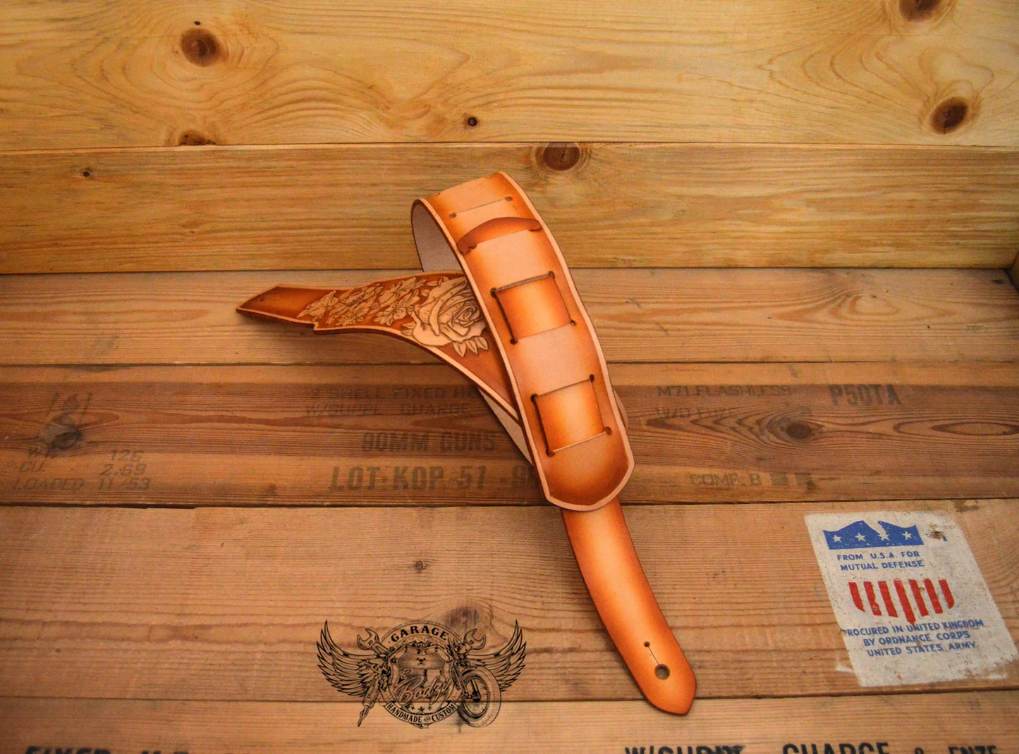 Tan Roses Leather Guitar Strap-ByBodzi-ByBodzi