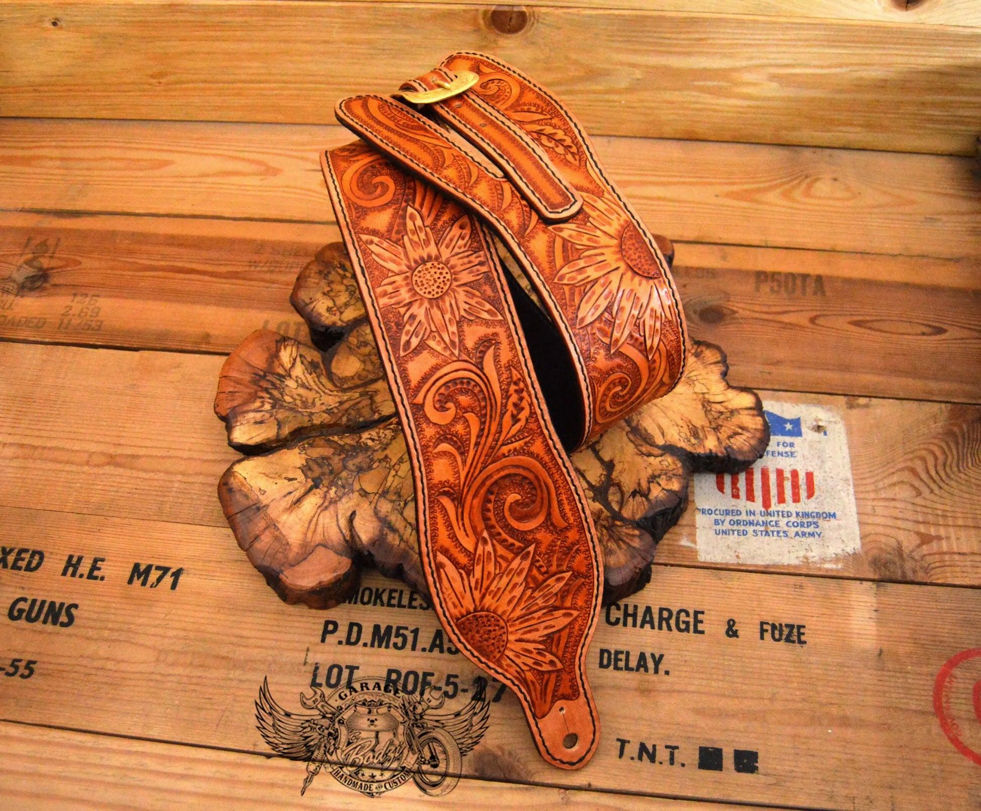 Tan Sunflower Leather Guitar Strap-ByBodzi-ByBodzi