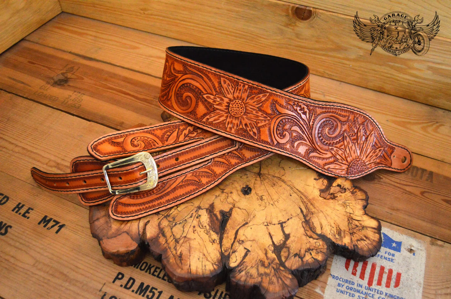 Tan Sunflower Leather Guitar Strap-ByBodzi-ByBodzi