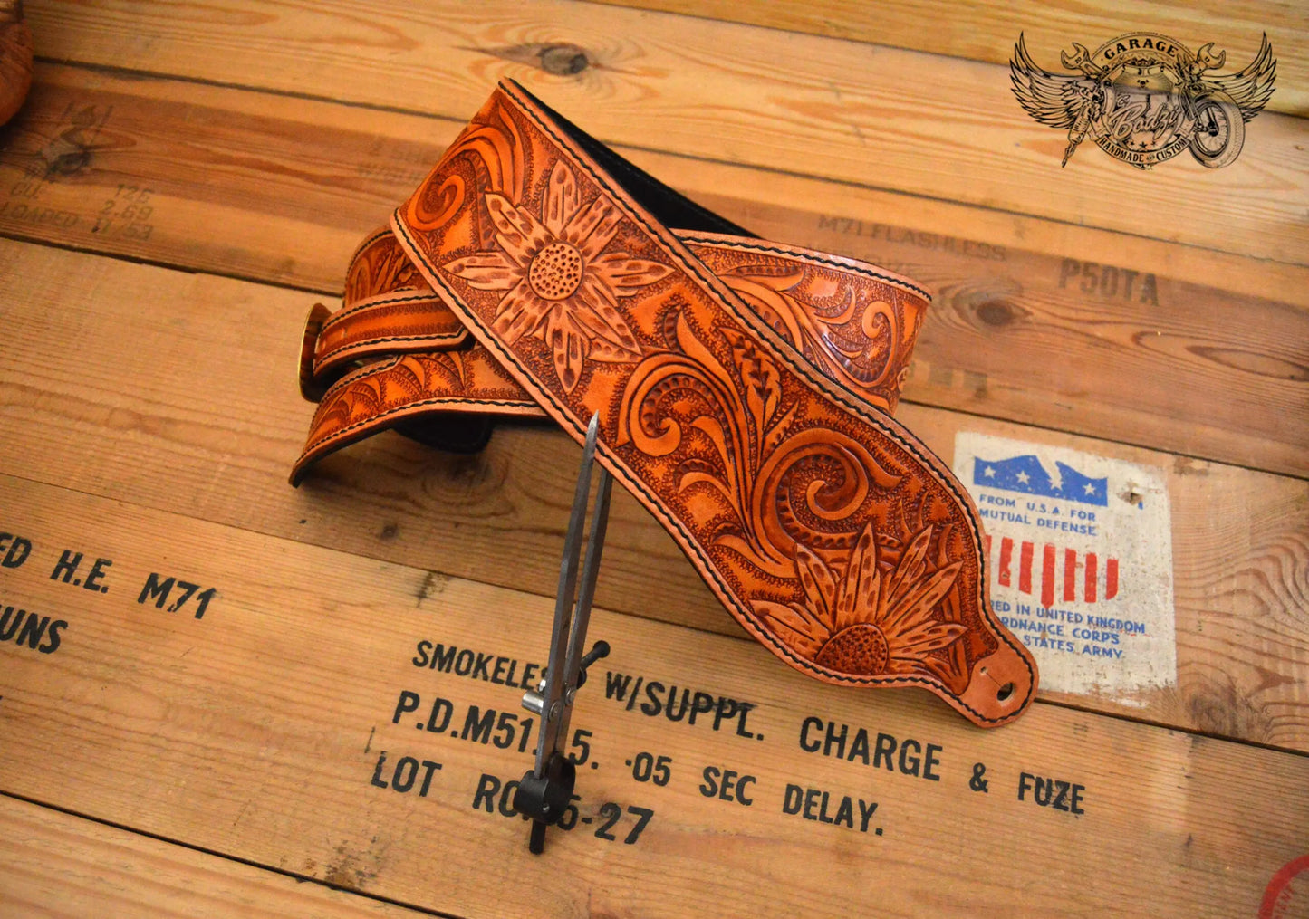 Tan Sunflower Leather Guitar Strap-ByBodzi-ByBodzi