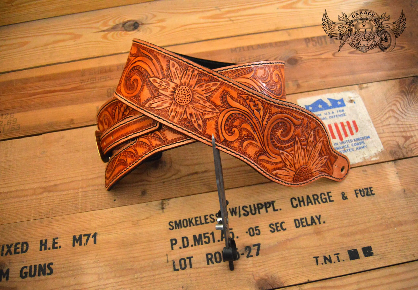 Tan Sunflower Leather Guitar Strap-ByBodzi-ByBodzi