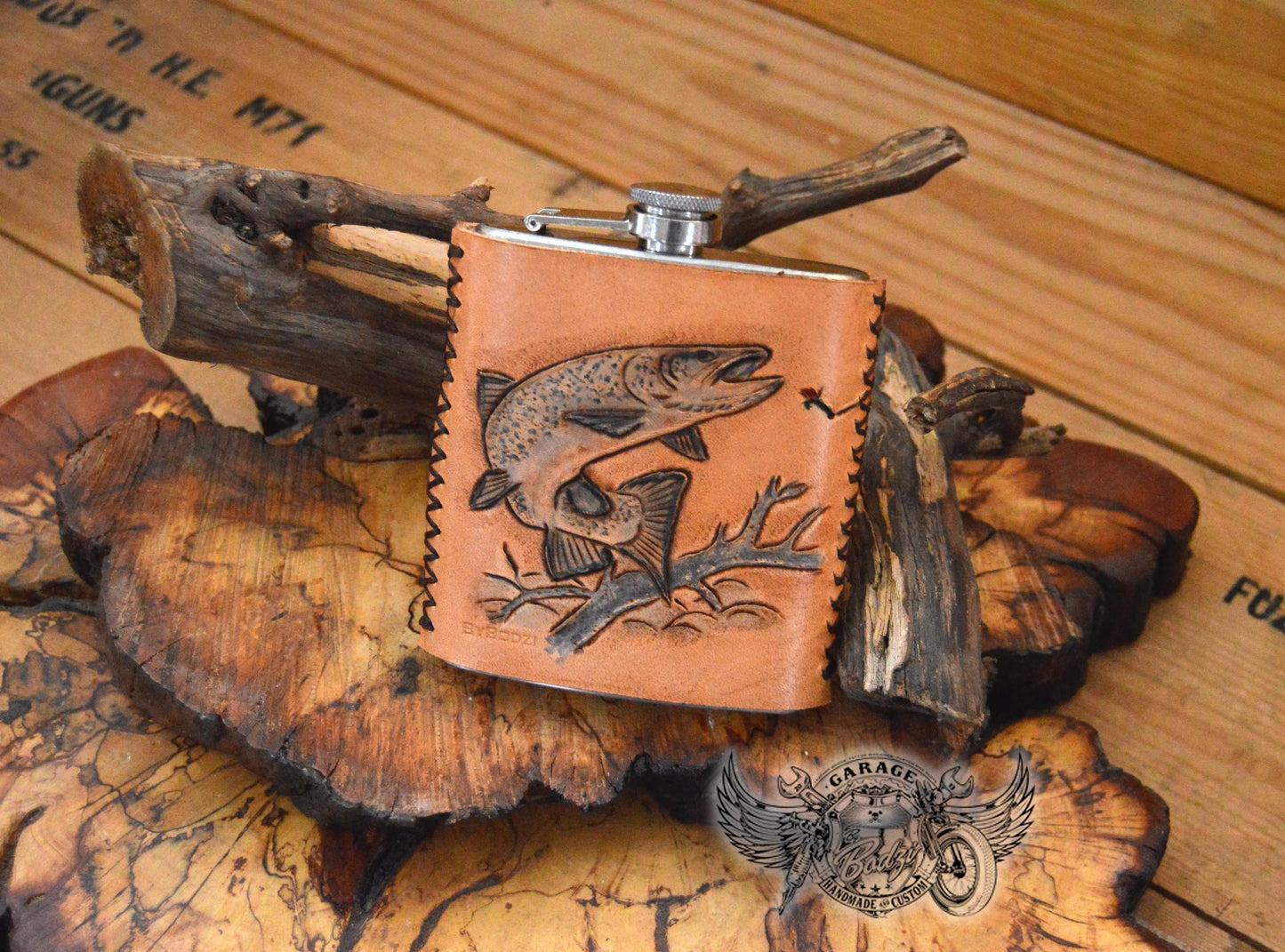 Trout Fish Leather Bound Flask-ByBodzi-ByBodzi