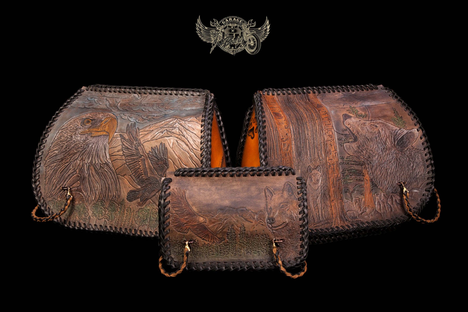 Wolf & Eagle Landscape Leather Motorcycle Saddlebags-ByBodzi-ByBodzi