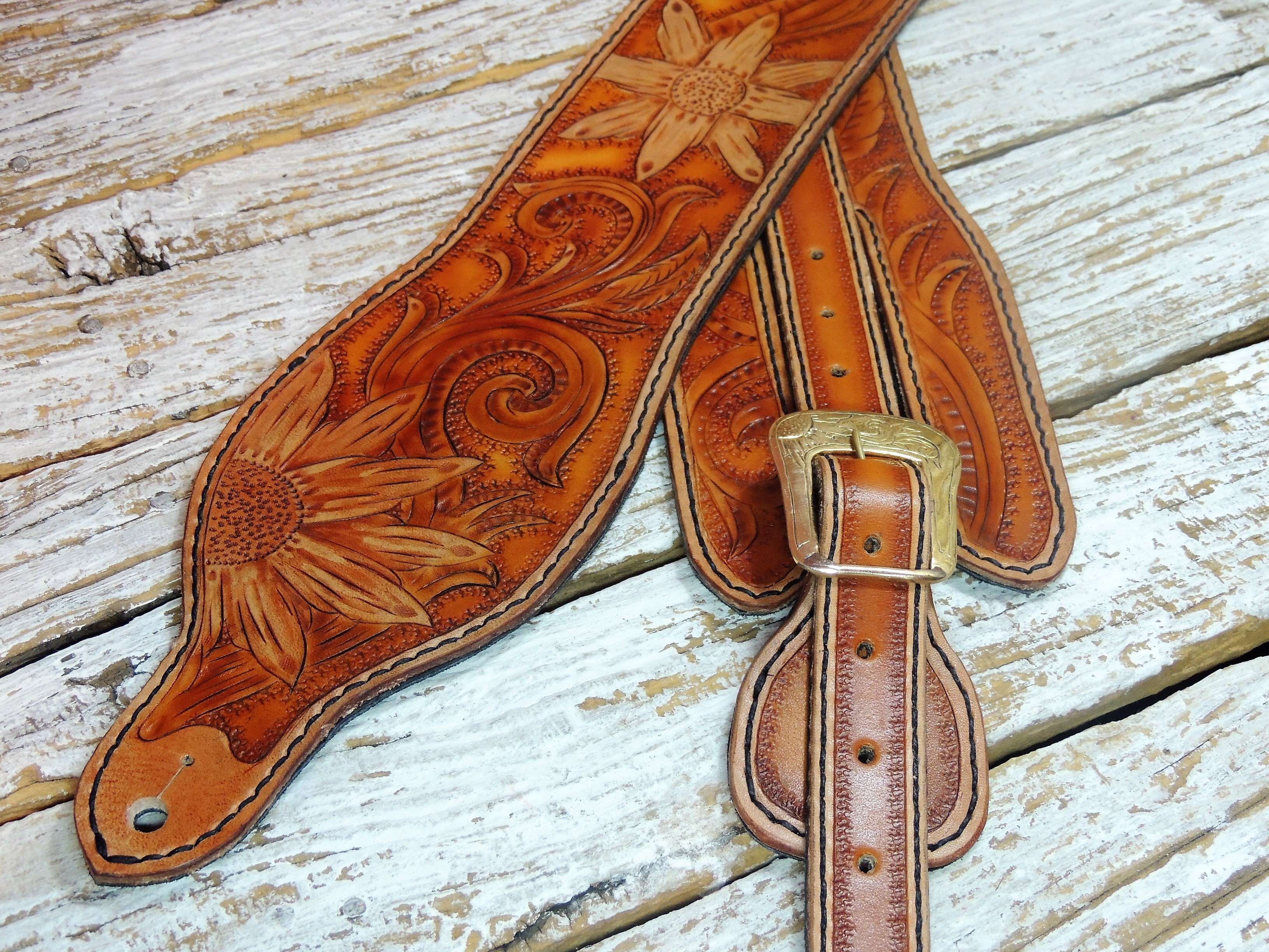 Carved Leather Guitar Strap for Acoustic or Electric Guitar ByBodzi