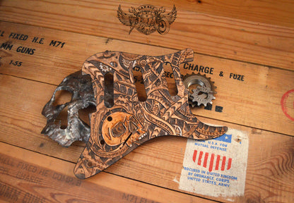 Skull With Biomechanics Leather Stratocaster Pickguard