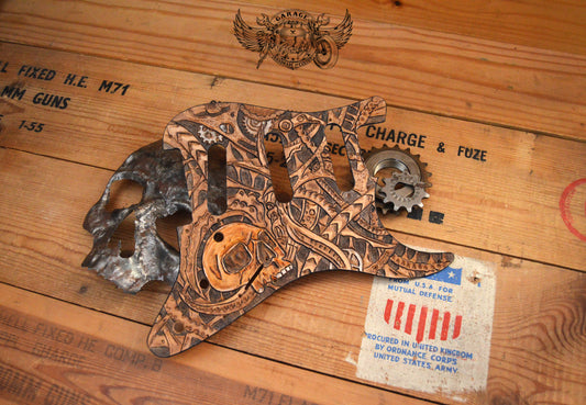 Skull With Biomechanics Leather Stratocaster Pickguard