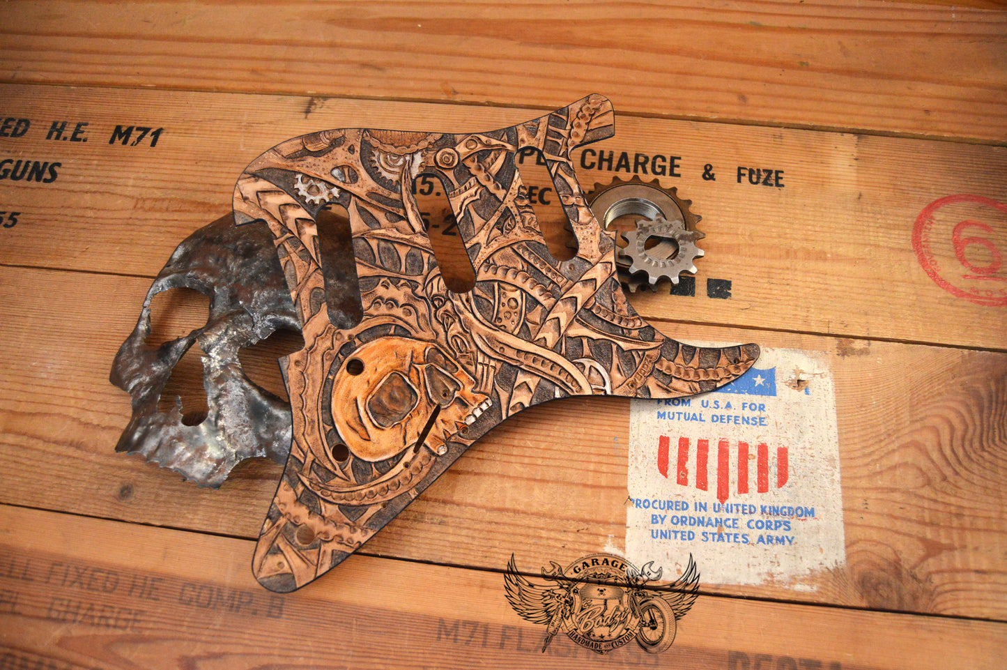 Skull With Biomechanics Leather Stratocaster Pickguard