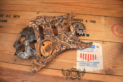 Skull With Biomechanics Leather Stratocaster Pickguard