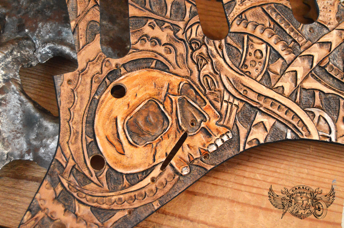 Skull With Biomechanics Leather Stratocaster Pickguard