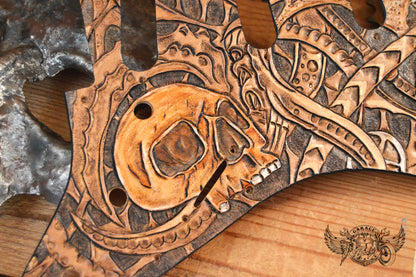 Skull With Biomechanics Leather Stratocaster Pickguard
