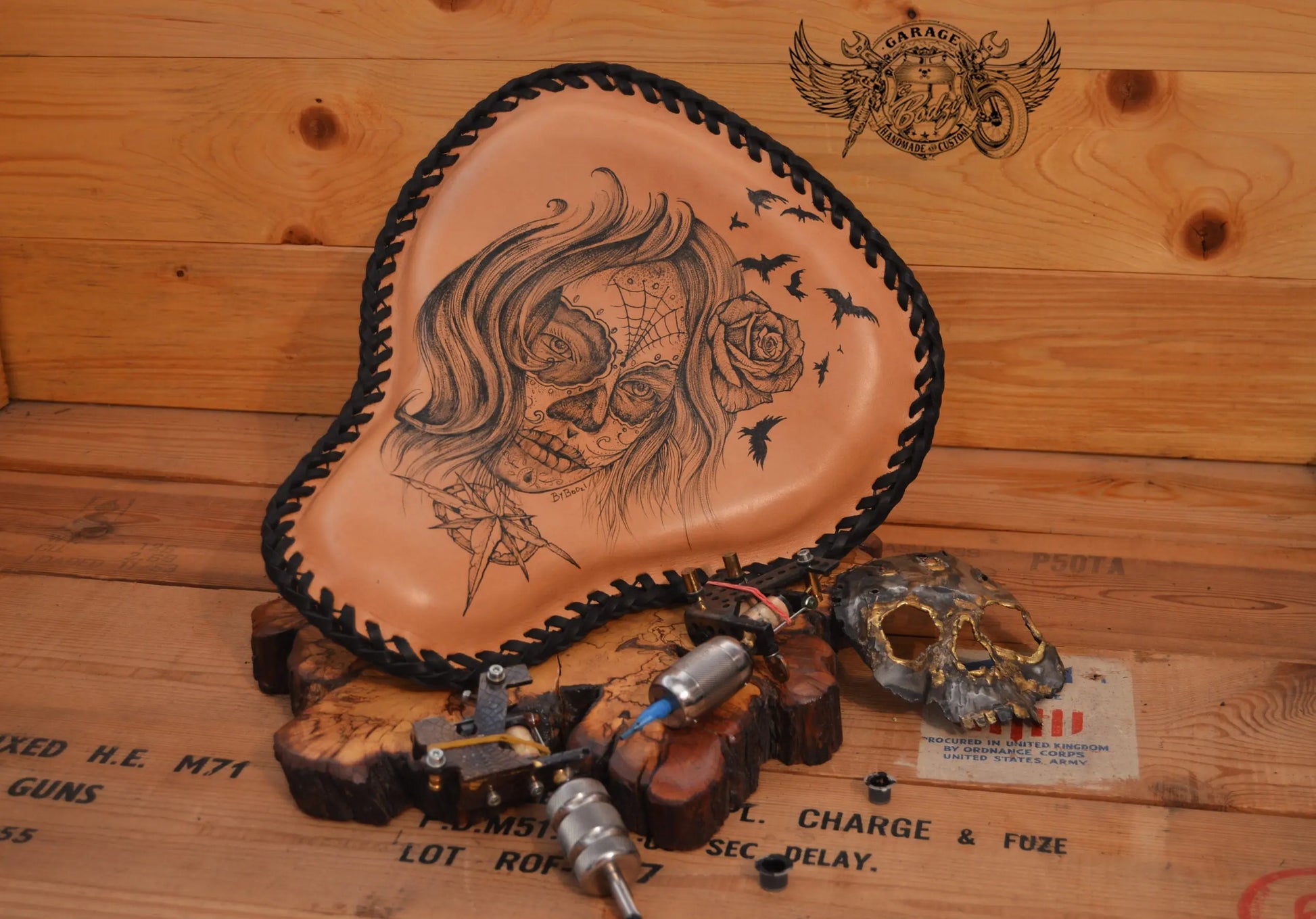 Tattooed Sugar Skull Leather Motorcycle Solo Seat-ByBodzi