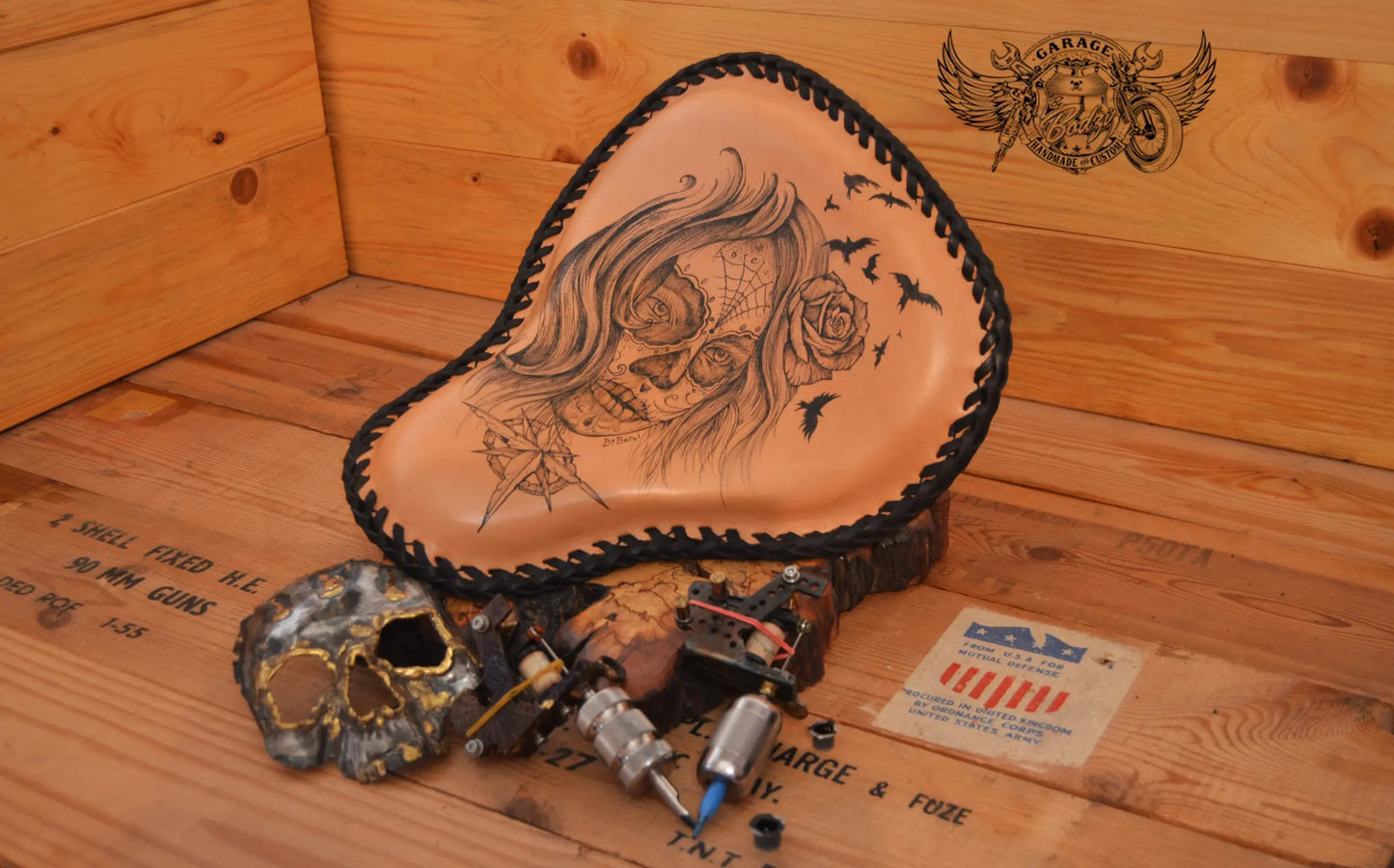 Tattooed Sugar Skull Leather Motorcycle Solo Seat-ByBodzi