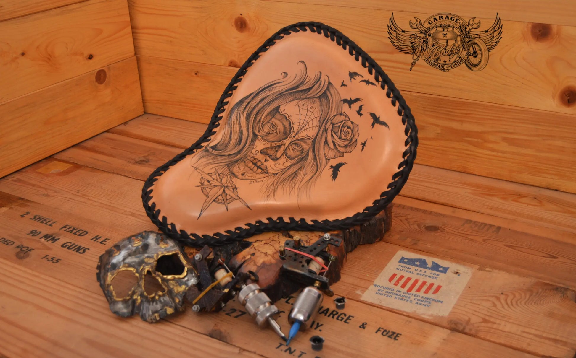 Tattooed Sugar Skull Leather Motorcycle Solo Seat-ByBodzi