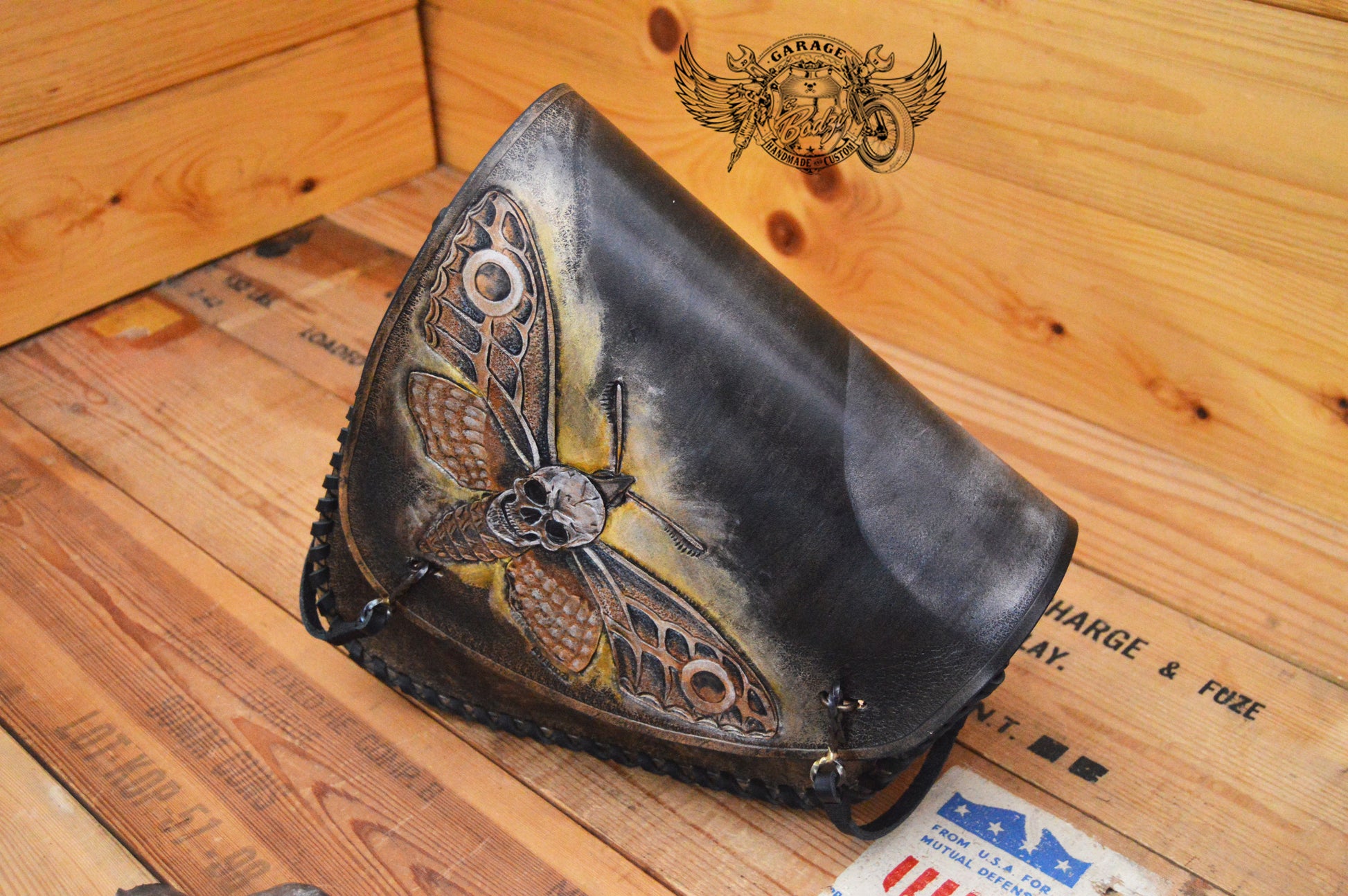 Death Moth Carved Leather Swingarm Bag