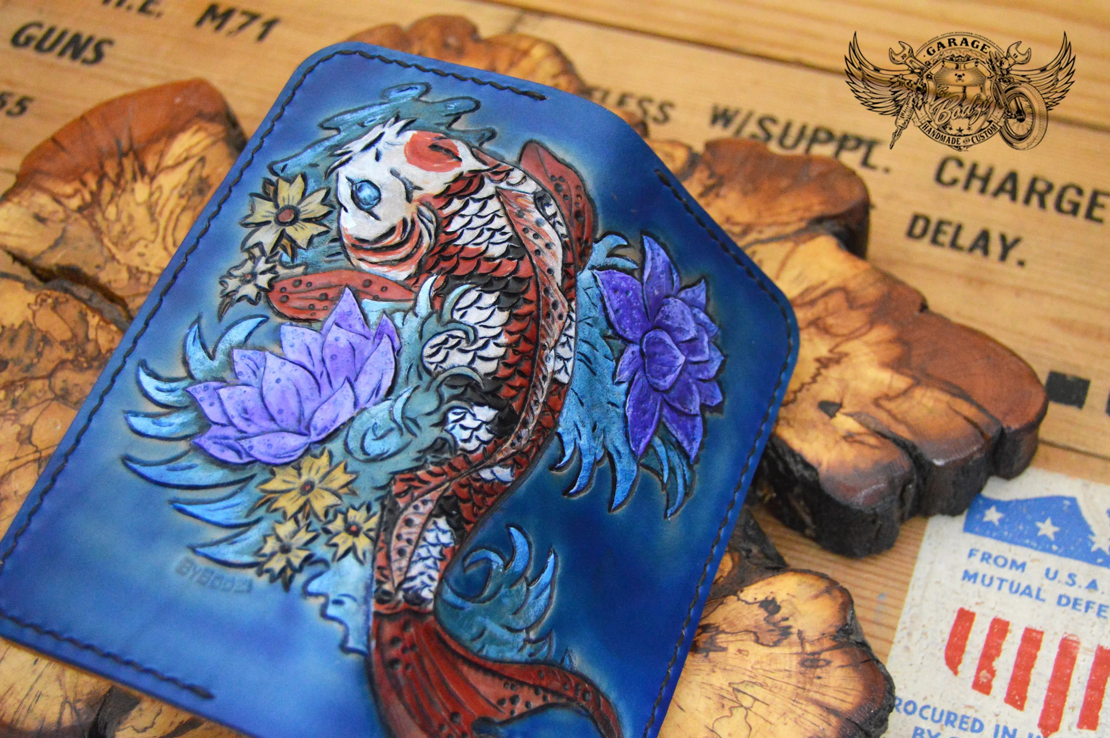 Leatherworking Wallet Pattern Fish Koi Fish Leather Long Leather Wallet / Lotus Long Wallet - ByBodzi