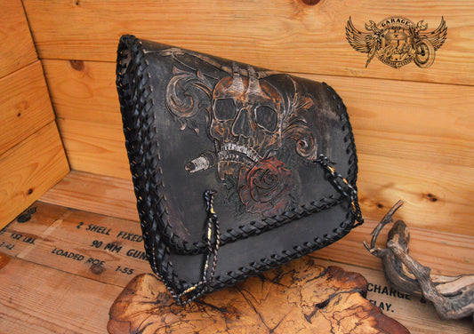 Skull & Rose Carved Leather Swingarm Bag
