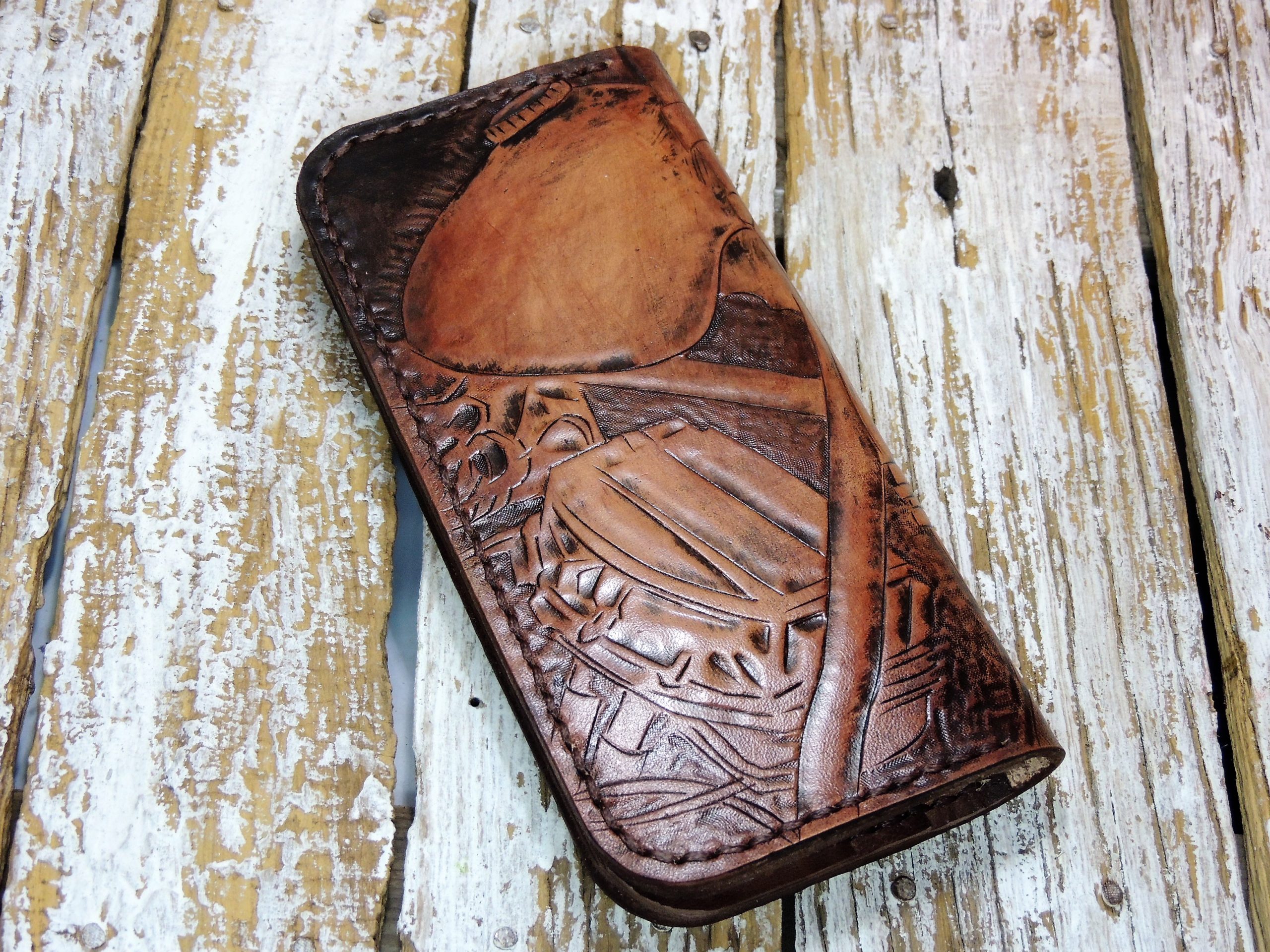 Custom Order~Carved and Painted Leather Bifold Mens Wallet