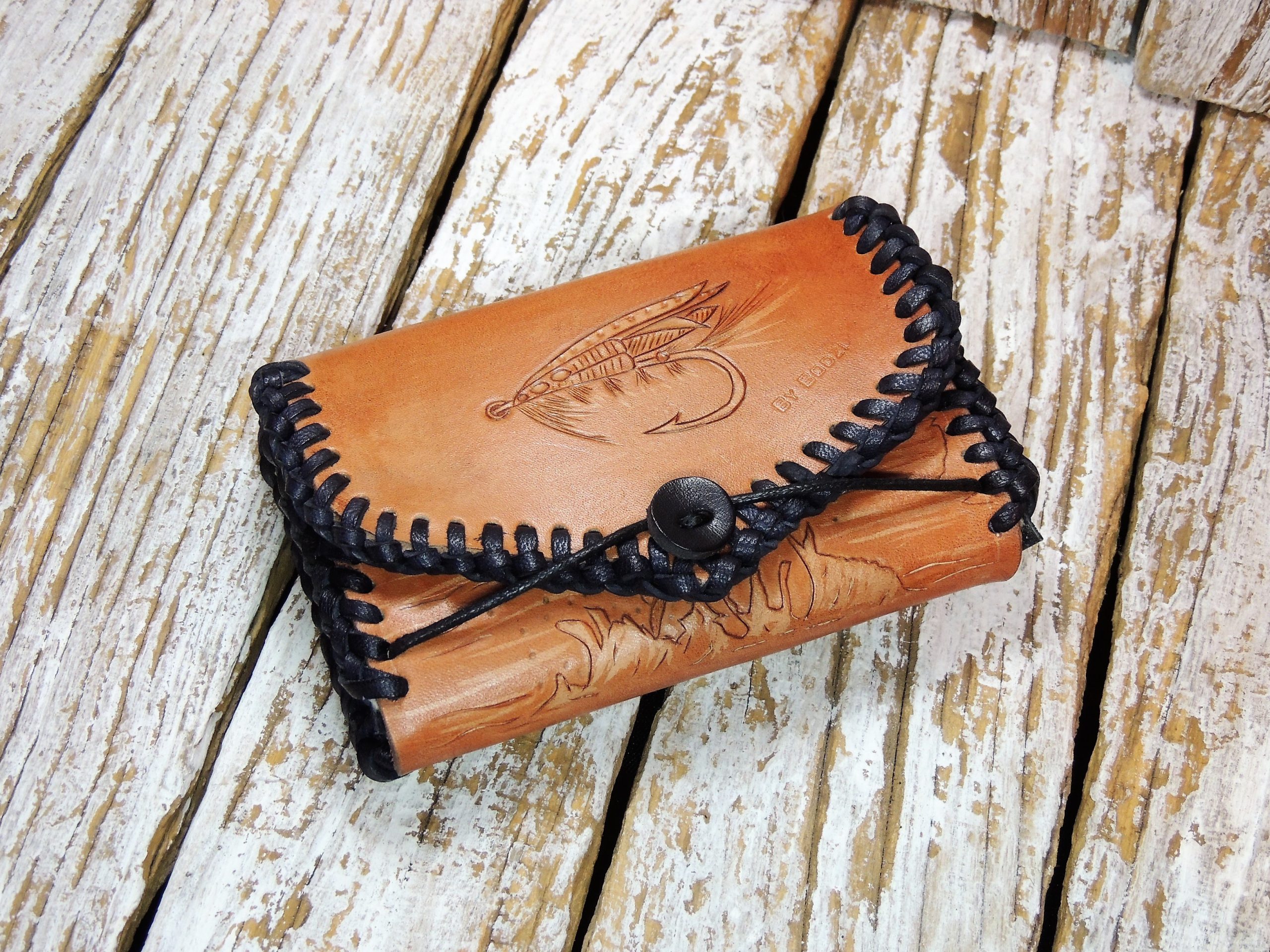 Personalized Leather Fly Fishing Wallet With Sheep Skin Trout 