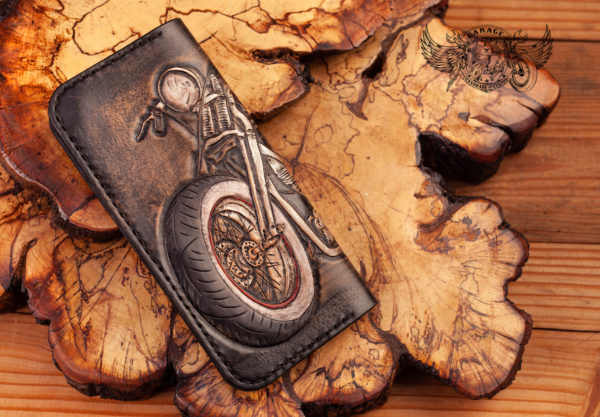 carved leather biker wallet