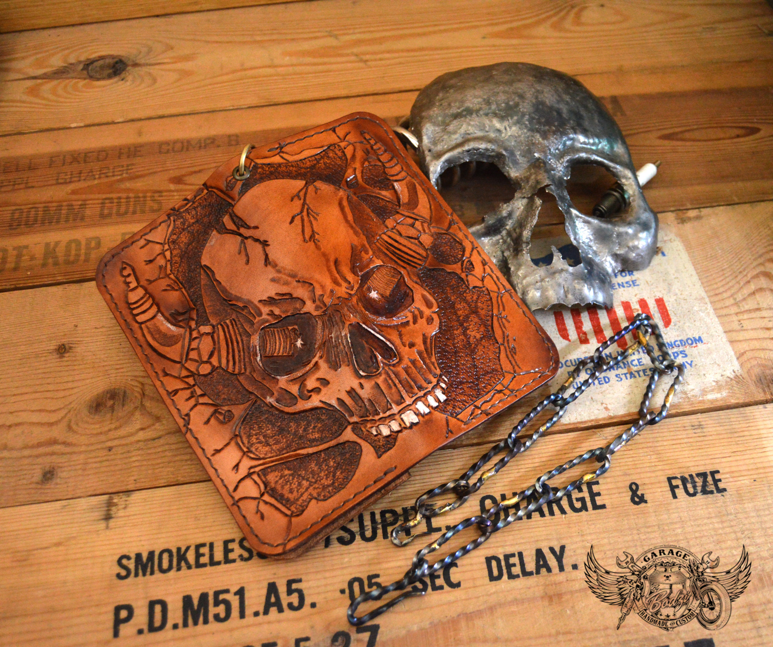 Handmade biker wallet vintage hand painting skull flower leather biker
