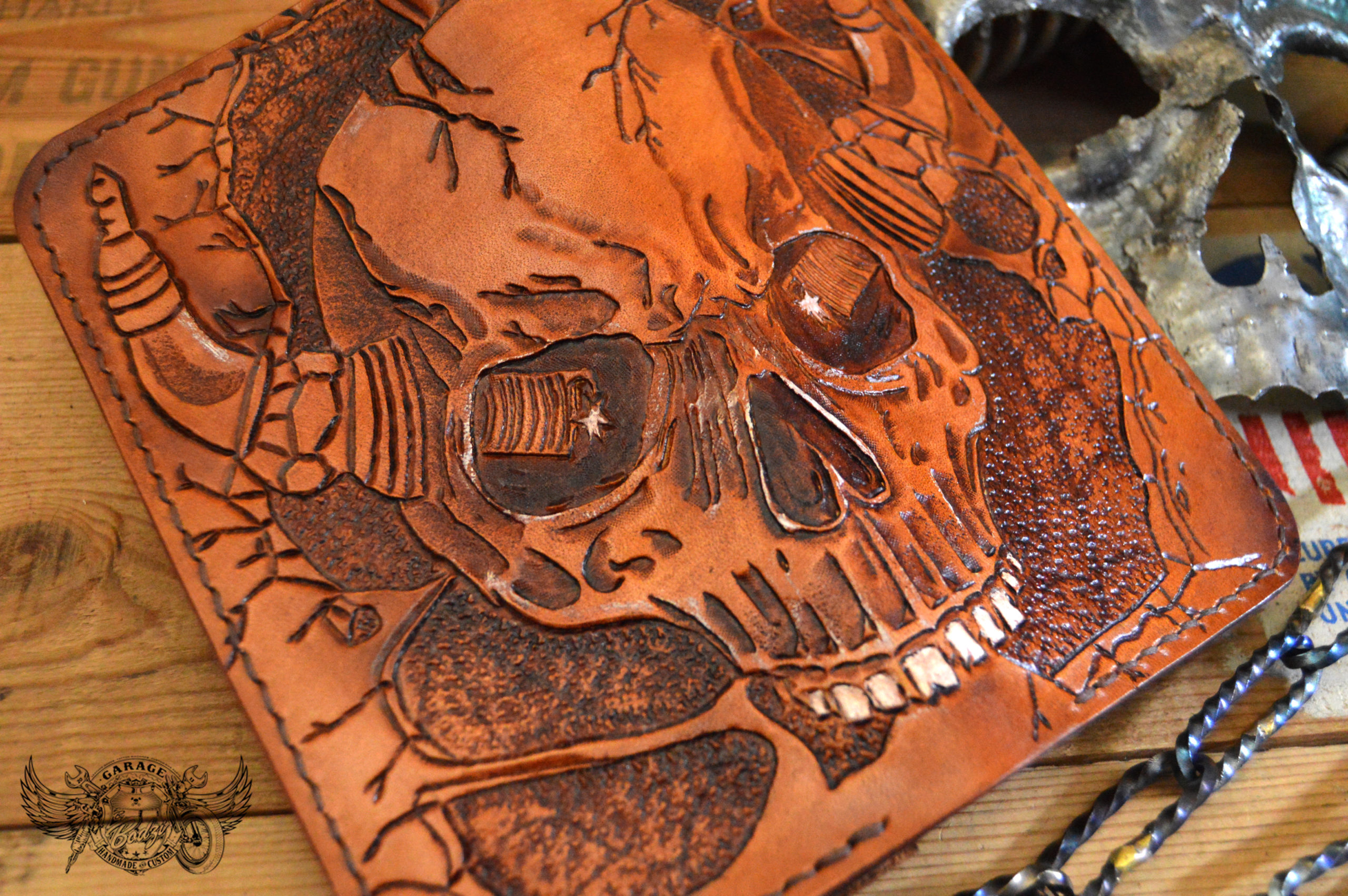 Handmade Long leather wallet men guns & roses skull black tooled carve